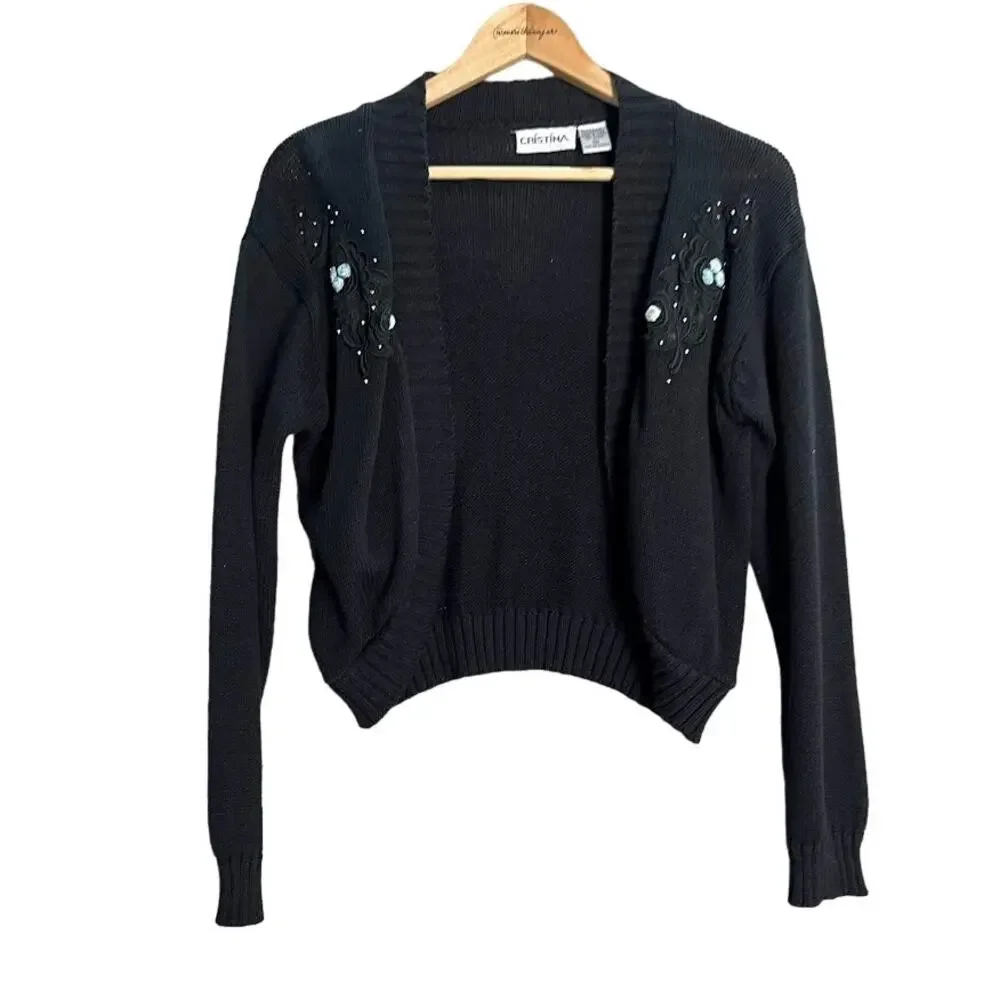 Vintage Cropped Black Floral Jeweled Cardigan Cristina Size Small‎